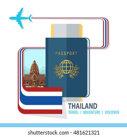 Thailand  Travel, Discover, Adventure - Most Famous Landmark in country - airplane logo  - Country Flag - Passport and Boarding pass  - in flat style.