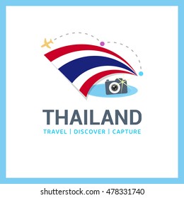 Thailand Travel, Discover, Capture logo - Vector travel Photographer logo design - Country Flag Travel, Discover and Photgrapher Conceptual logotype - vector illustration