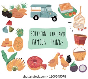 Thailand travel element with famous things in southern region, doodle flat style, illustration, vector, white background