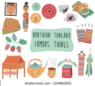 Thailand travel element with famous things in northern  region, doodle flat style, illustration, vector, white background