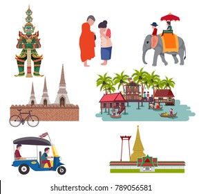 Thailand travel elements with Central region culture concept, all in flat style, isolated on white background vector illustration