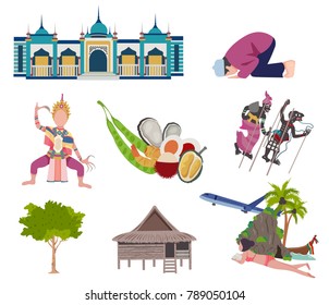 Thailand travel elements with Southern culture concept, all in flat style, isolated on white background vector illustration