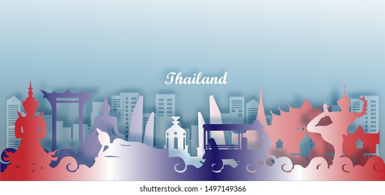 Thailand Travel Flag Color postcard panorama, poster, tour advertising of world famous landmarks of Thailand in paper cut style. Vector illustration.