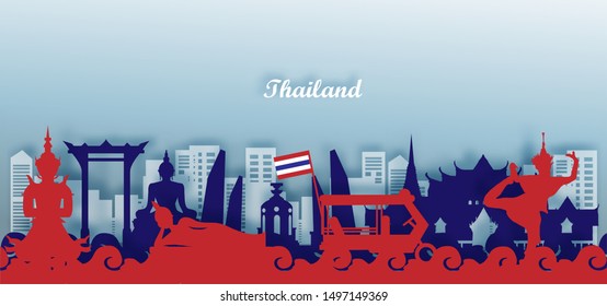 Thailand Travel Flag Color postcard panorama, poster, tour advertising of world famous landmarks of Thailand in paper cut style. Vector illustration.