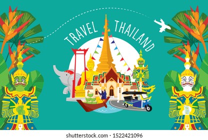 Thailand Travel Icon, Set Of Architecture, Thai People, Thailand Culture Background, Travel Thailand Landmarks. Thai Vector Icons. Vacations Poster With Thai Ethnic Elements