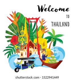 thailand travel icon, Set of architecture, thai people, thailand culture background, Travel Thailand landmarks. Thai vector icons. Vacations poster, thailand with tropical leaf background