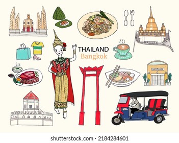 Thailand Reisesymbol, Set von Architektur, thailändische lokale Küche, thailändische Kultur, Reiseziele Thailand. Thailändische Vektorsymbole. 