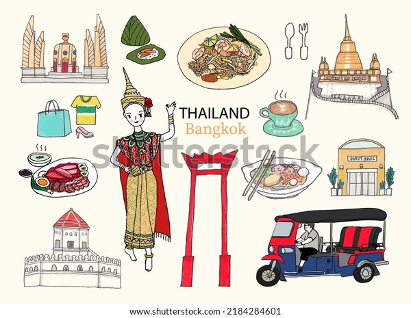 thailand\
travel icon, Set of architecture, thai local food, thai culture,\
Travel Thailand landmarks. Thai vector icons.\
