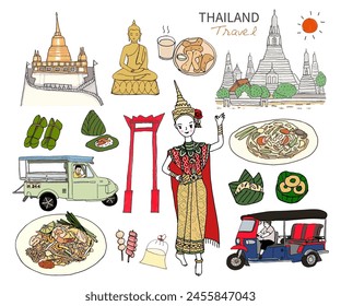 Thailand travel icon, Set of Thai architecture, Thai local food, Thai culture, Travel Thailand landmarks. Thai vector icons.