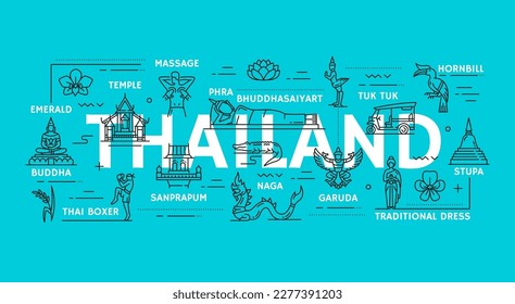 Iconos de viajes de Tailandia, monumentos de Bangkok y turismo tailandés, símbolos vectores. Tailandia turismo de turismo templo de Stupa, boxeo Buda y Muay Thai, símbolos religiosos de loto, tuk tuk y dragón