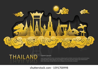 Thailand travel illustration: famous landmarks and tourist attraction of Thailand with paper cut style, black background 