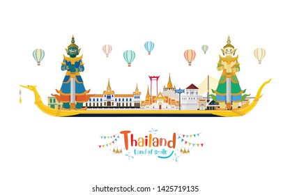 Thailand travel with landmark and travel place and Guardian Giants on The Royal Barge Suphannahong. Vector illustration