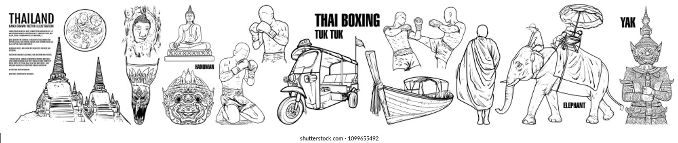 Marcos de viagem na Tailândia. Ilustração vetorial de desenho de mão. Tailândia incrível, tuk tuk, muay thai, bangkok, Autoridade de Turismo da Tailândia, comida, tom yam kung, Sião, asiático, cozinha, guia, mapa