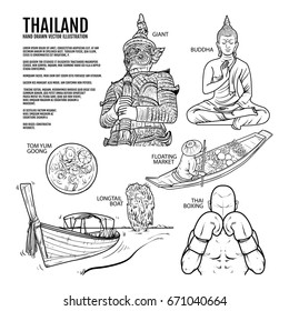 Thailand Travel Landmarks. Hand draw Vector Illustration. Amazing thailand, buddha, boxing, giant, tomyum, floating market