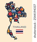 Thailand travel map with famous Thai and Bangkok tourist symbols such as traditions, culture and landmarks. Trip to Asia poster with elephant, Buddha, temple and other design elements.