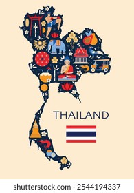 Thailand travel map with famous Thai and Bangkok tourist symbols such as traditions, culture and landmarks. Trip to Asia poster with elephant, Buddha, temple and other design elements.