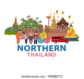 Thailand travel with Northern culture concept, all in flat style design illustration svg