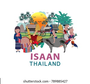 Thailand travel with Northern east culture concept; aka Isaan region, all in flat style design illustration