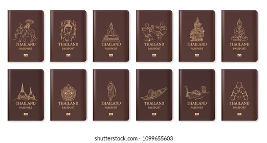 Thailand travel passport, Hand drawn Thailand, Landmark vector illustration, Amazing thailand, buddha, boxing, hanuman, ayutthaya, Temple, food, Siam, Tourism, Amazing, map, guide,  iconic, cuisine 