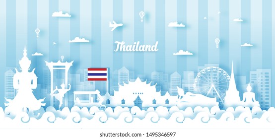 Thailand Travel postcard panorama, poster, tour advertising of world famous landmarks of Thailand in paper cut style. Vector illustration.