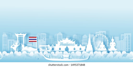 Thailand Travel postcard panorama, poster, tour advertising of world famous landmarks of Thailand in paper cut style. Vector illustration.