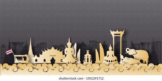Thailand Travel postcard panorama, poster, tour advertising of world famous landmarks of Thailand in paper cut style. Vector illustration.