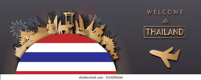 Thailand Travel postcard panorama, poster, tour advertising of world famous landmarks of Thailand in paper cut style. Vector illustration.