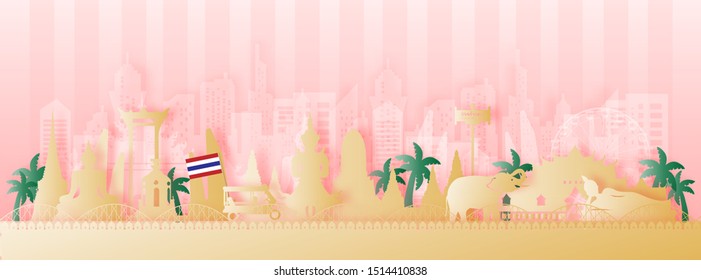 Thailand Travel postcard panorama, poster, tour advertising of world famous landmarks of Thailand in paper cut style. Vector illustration.