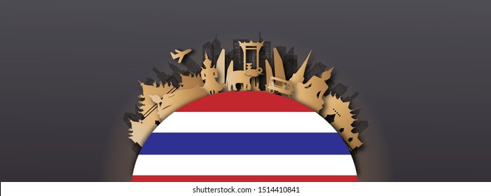 Thailand Travel postcard panorama, poster, tour advertising of world famous landmarks of Thailand in paper cut style. Vector illustration.