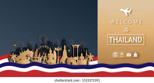 Thailand Travel postcard panorama, poster, tour advertising of world famous landmarks of Thailand in paper cut style. Vector illustration.