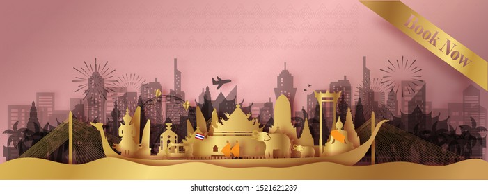 Thailand Travel postcard panorama, poster, tour advertising of world famous landmarks of Thailand in paper cut style. Vector illustration.