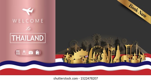 Thailand Travel Postcard, poster, tour advertising of world famous landmarks of Thailand in paper cut style. Vector illustration.