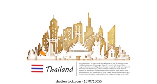 Thailand Travel postcard, poster, tour advertising of world famous landmarks in paper cut style. Vectors illustrations