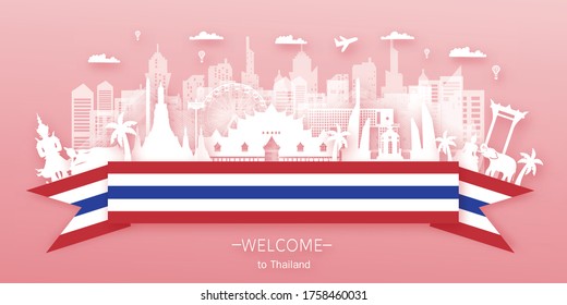 Thailand Travel postcard, poster, tour advertising of world famous landmarks. Vectors illustrations