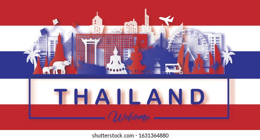 Thailand Travel postcard,advertisement, poster, tour advertising of world famous landmarks in paper cut style. Vectors illustrations