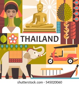 Thailand travel poster concept. Vector illustration with Thai culture and food icons, including golden statue of Buddha, a woman from the long neck village, elephant, boat, tuk tuk and durian.