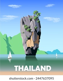 Thailand travel poster. Ko Tapu rock (part of Khao Phing Kan island). Vector realistic illustration