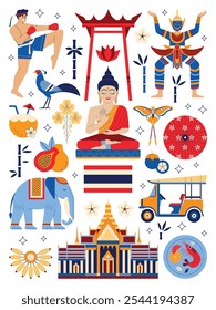 Thailand travel set with tourist attractions and Bangkok landmarks. Thai traditions and culture poster. Travel Asia symbols such as animals, Buddha, temple, fruits, Muay Thai fighter, Khon dancer.