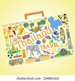 Thailand travel. Set vector icons and symbols in form of suitcase