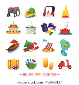 Thailand travel symbols flat icons collection with national food buddha figure and lotus abstract isolated vector illustration 