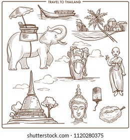Thailand travel symbols or vector sketch landmarks