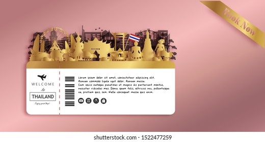 Thailand Travel Ticket Postcard, poster, tour advertising of world famous landmarks of Thailand in paper cut style. Vector illustration.