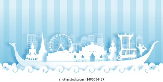 Thailand Travel Tourism Landmarks of Thailand Vector Illustration in paper cut style