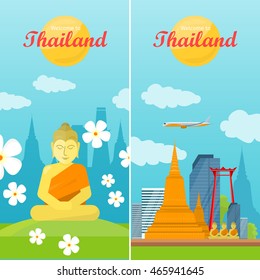 Thailand travelling banner. Landscape with traditional Thai landmarks. Thai god Buddha. Yoga zen. Indian, Buddhism, spiritual art, esoteric. Asian religion buddha statue with calm face. Vector