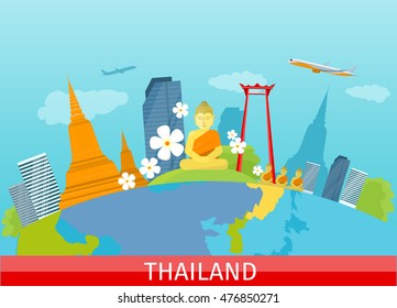 Thailand travelling banner. Landscape with traditional Thai landmarks. Skyscrapers and private buildings. Nature and architecture. Part of series of travelling around the world. Vector illustration
