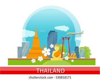 Thailand travelling banner. Landscape with traditional Thai landmarks. Skyscrapers and private buildings. Nature and architecture. Part of series of travelling around the world. Vector illustration