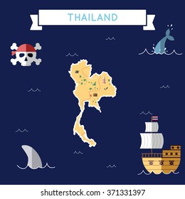 Thailand treasure map in flat design. Colorful cartoon treasure map of Thailand with flat design icons of pirate ship and jolly roger. Thailand flat design vector illustration.