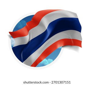 Thailand, Vektor 3D-Flagge auf blauem Himmel, durch ein rundes Loch auf weißem Hintergrund