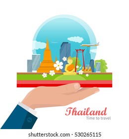 Thailand vector concept. Vacation in Asia. Flat illustration of airplane, skyscrapers, Buddhist architecture and monuments on man's hand. For travel, airline companies advertising. On white background