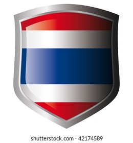 thailand vector illustration flag on metal shiny shield. Collection of flags on shield against white background. Isolated object.